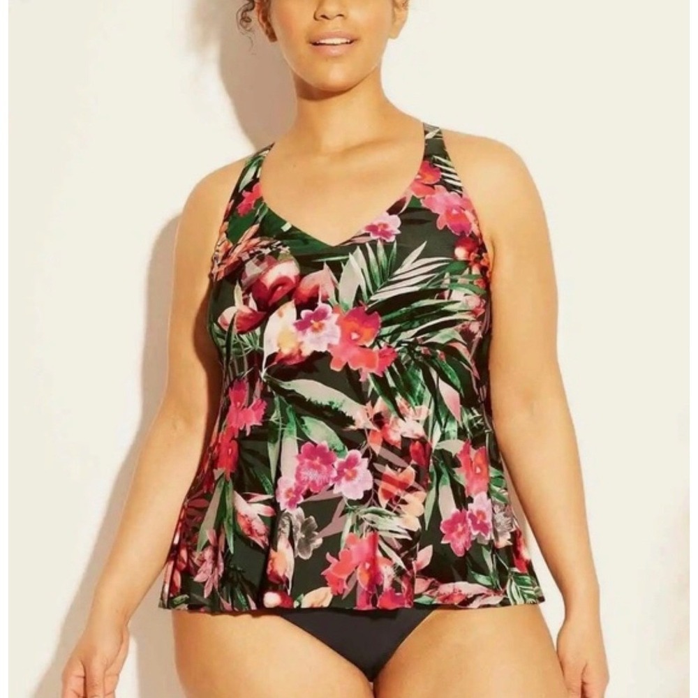 Women's Aqua Green Tropical Floral Tankini Swim Top V Neck Racerback size XS‎